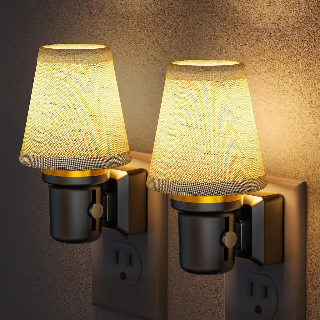 Briignite LED Night Lights Plug into Wall, 2 Pack Linen Fabric Round Platform Decorative Night Light, Dusk to Dawn Sensor,0-100LM…