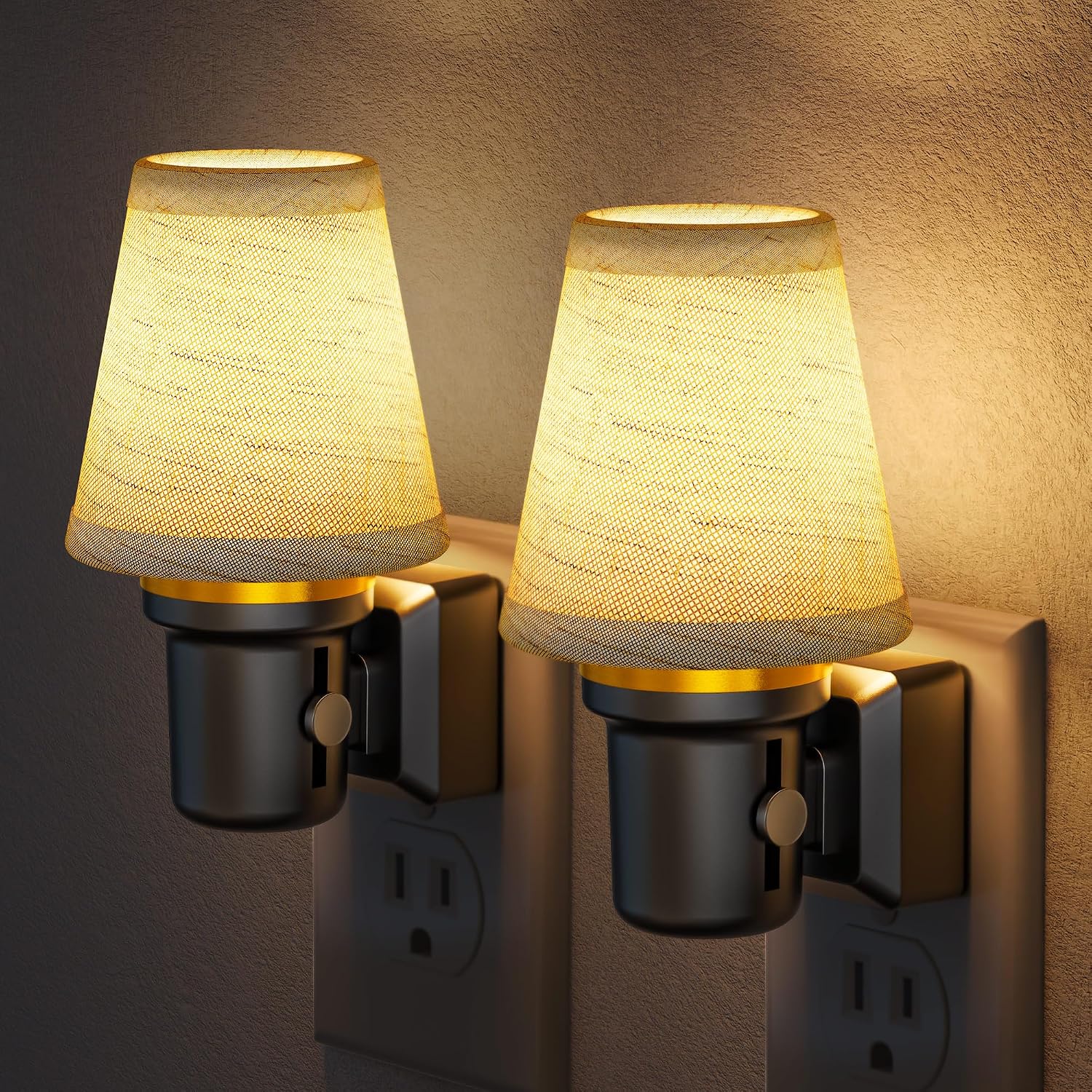 Briignite LED Night Lights Plug into Wall, 2 Pack Linen Fabric Round Platform Decorative Night Light, Dusk to Dawn Sensor,0-100LM…