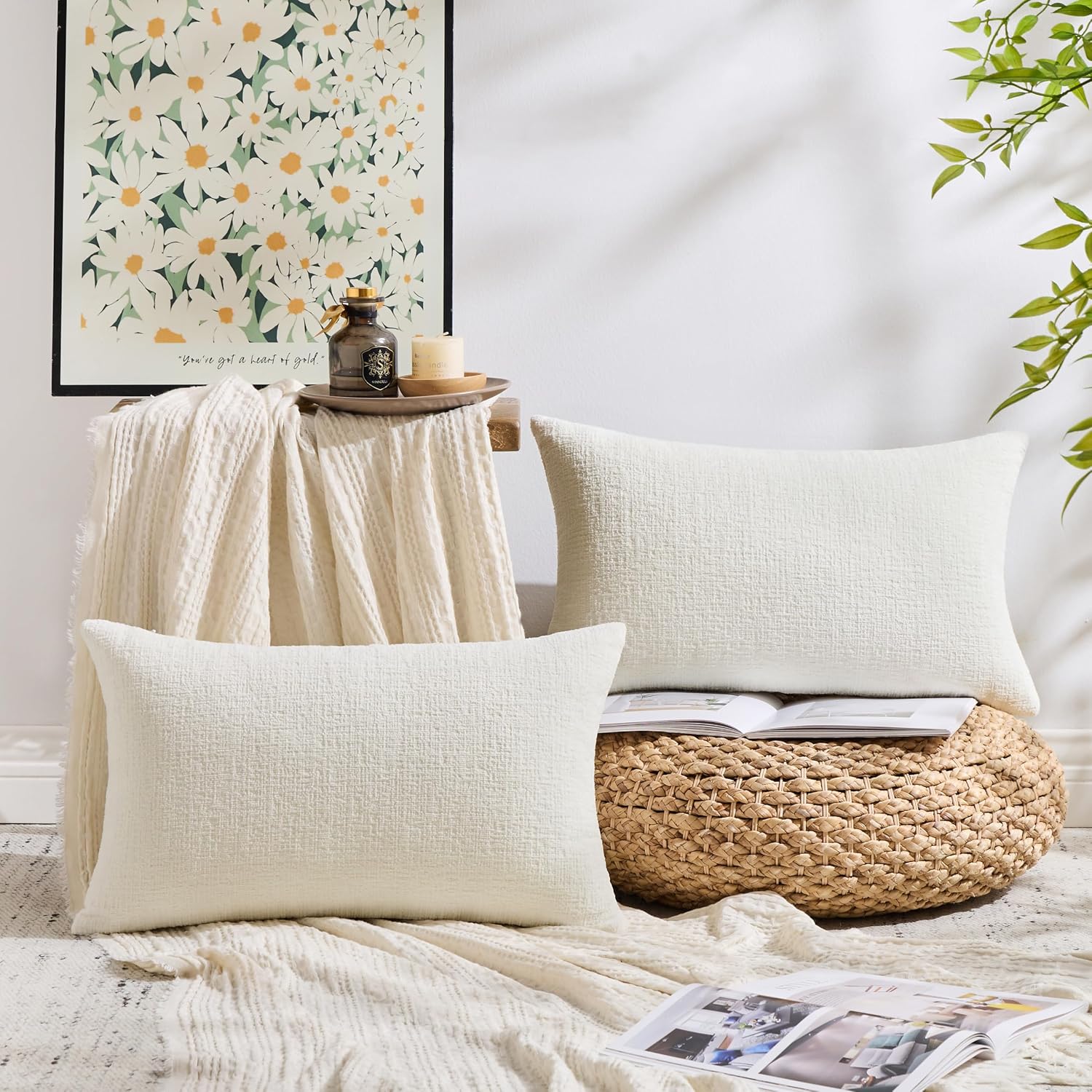 Gawamay Pack of 2 Decorative Lumbar Throw Pillow Covers 20x12 Inch, Soft Chenille Boho Farmhouse Cushion Cases, Couch Pillow Covers for Liv…
