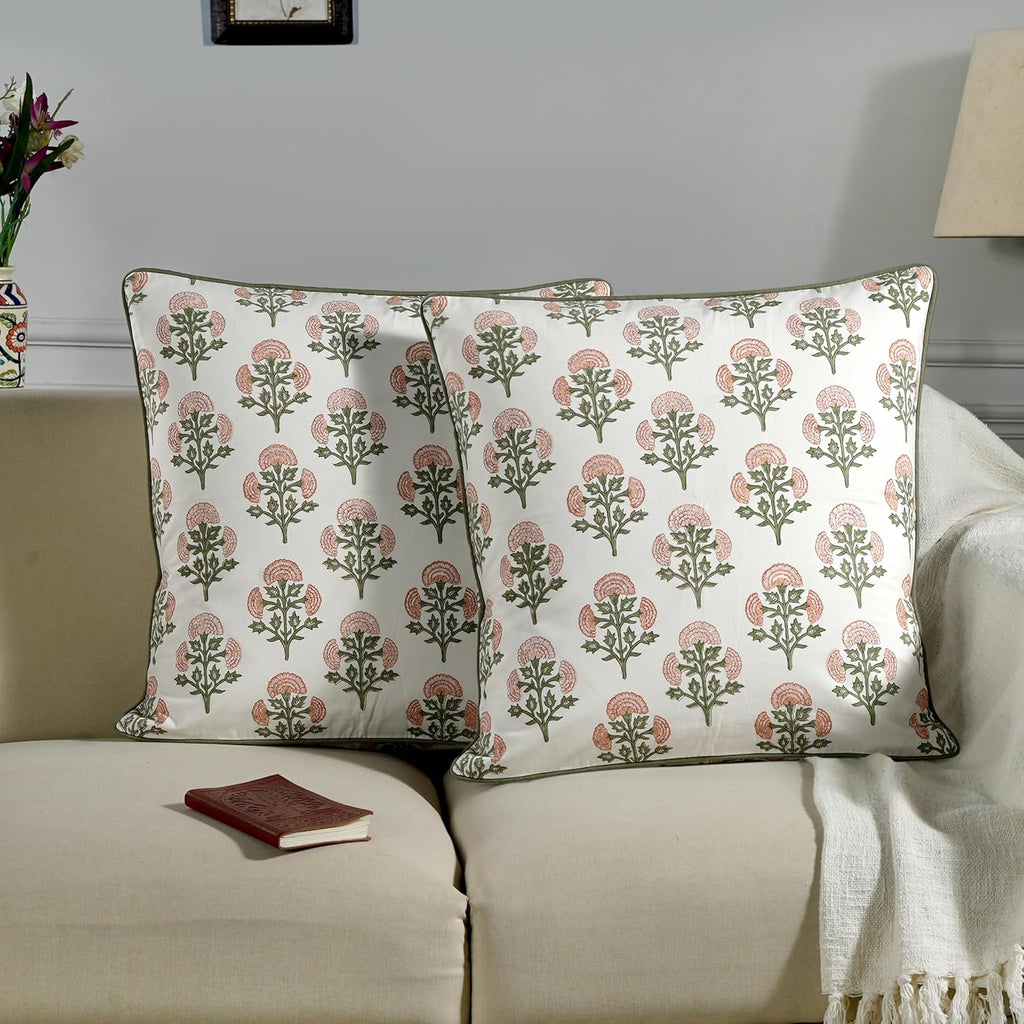 Ridhi Block Print Mughal Buta Peach Pillow Cover 18" x 18" (Pack of 2) Decorative Couch Pillows for Living Room, Farmhouse Chic Boho Cute O…