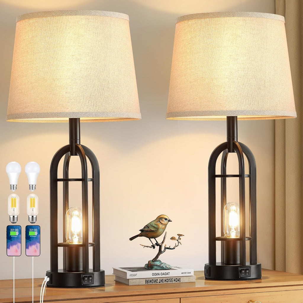 SRJJA Black Table Lamps for Living Room Set of 2 - Farmhouse Lamps for Night Stands with USB A+C, Bedside Lamps for Bedroom, 24''…