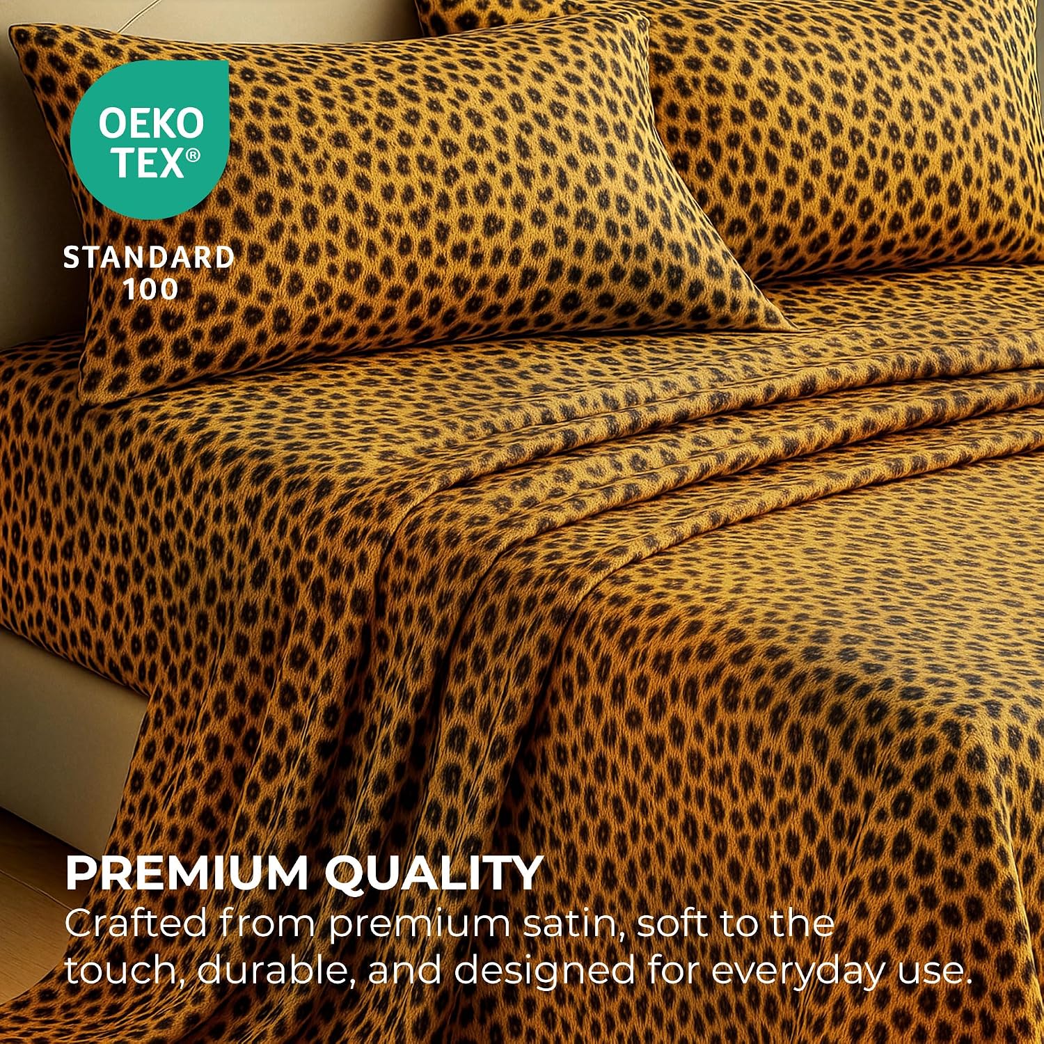 PureBedding Satin Sheets King [4-Piece, Gold Leopard] Hotel Luxury Silky Bed Sheets - Extra Soft 1800 Microfiber Sheet Set, Wrinkle, Fade,…