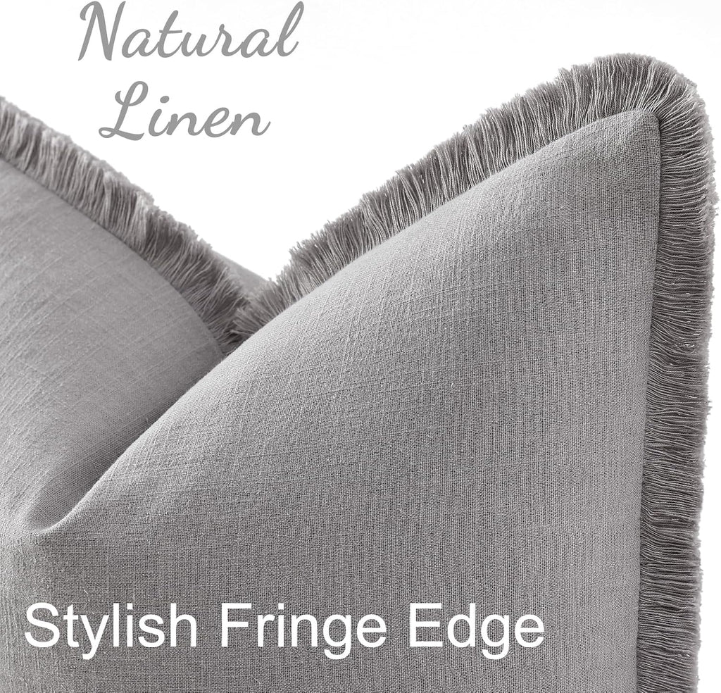 decorUhome Summer Decorative Neutral Linen Fringe Euro Sham Throw Pillow Covers Set of 2 Light Grey Pillow Covers with Tassels Soft Farmhou…