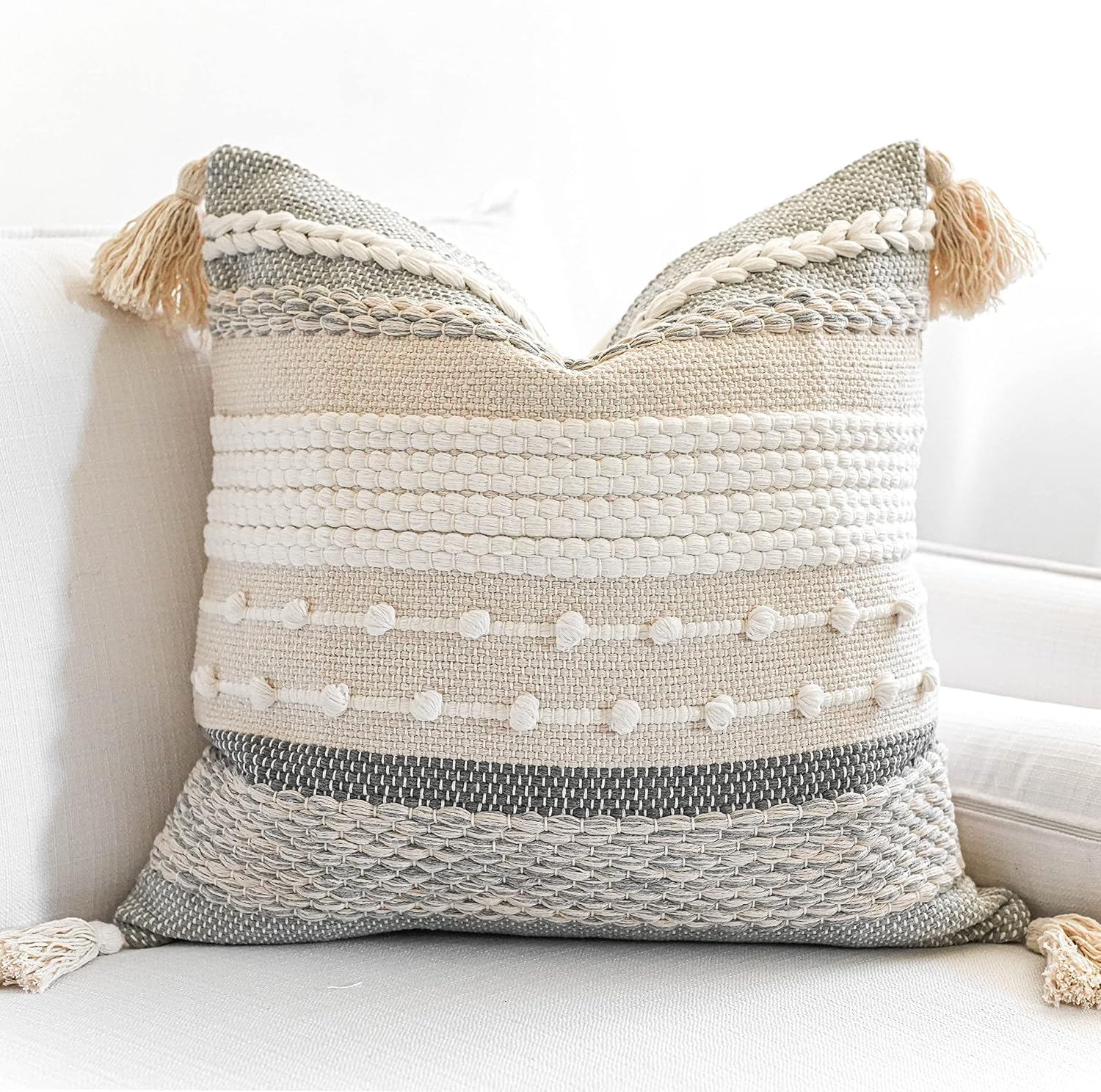 BlissBlush Gray Boho Throw Pillow Cover 20x20 Grey Decorative Accent Pillow for Couch Square Woven Textured Pillowcase Modern Farmhouse…