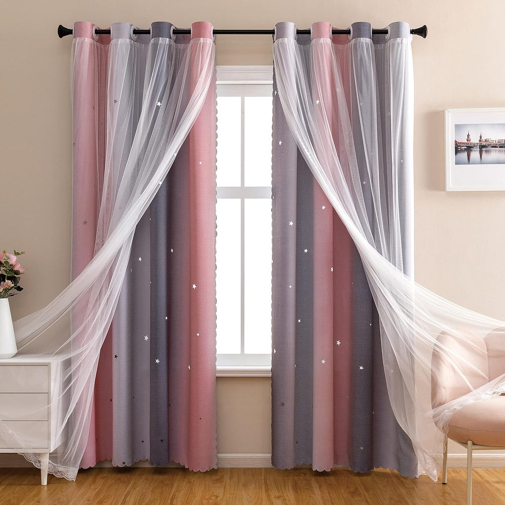 Addsomecolortolife XiDi Dream Star Blackout Curtains for Kids Rooms Girl Princess Curtain for Daughter Bedroom Window (Pink Grey, W34 X L72…