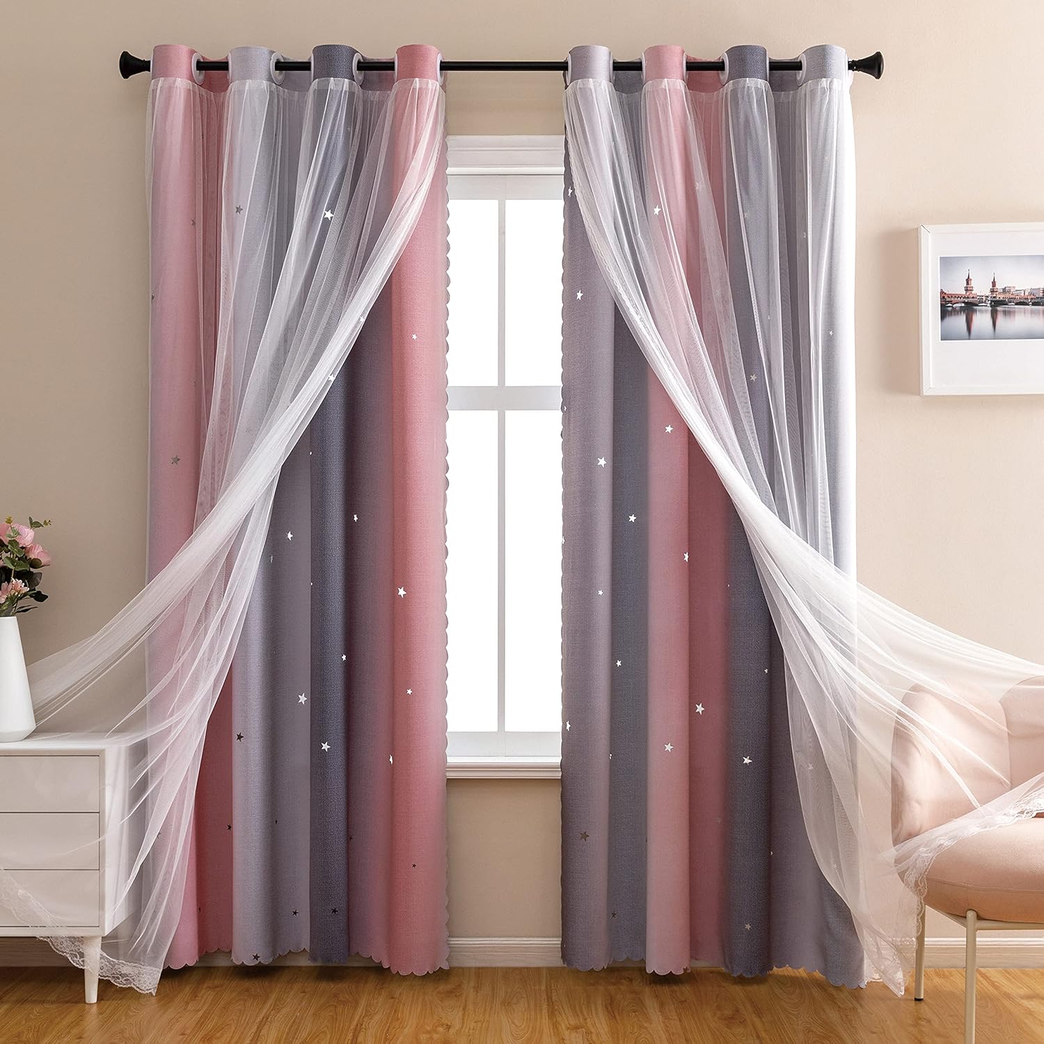 Addsomecolortolife XiDi Dream Star Blackout Curtains for Kids Rooms Girl Princess Curtain for Daughter Bedroom Window (Pink Grey, W34 X L72…