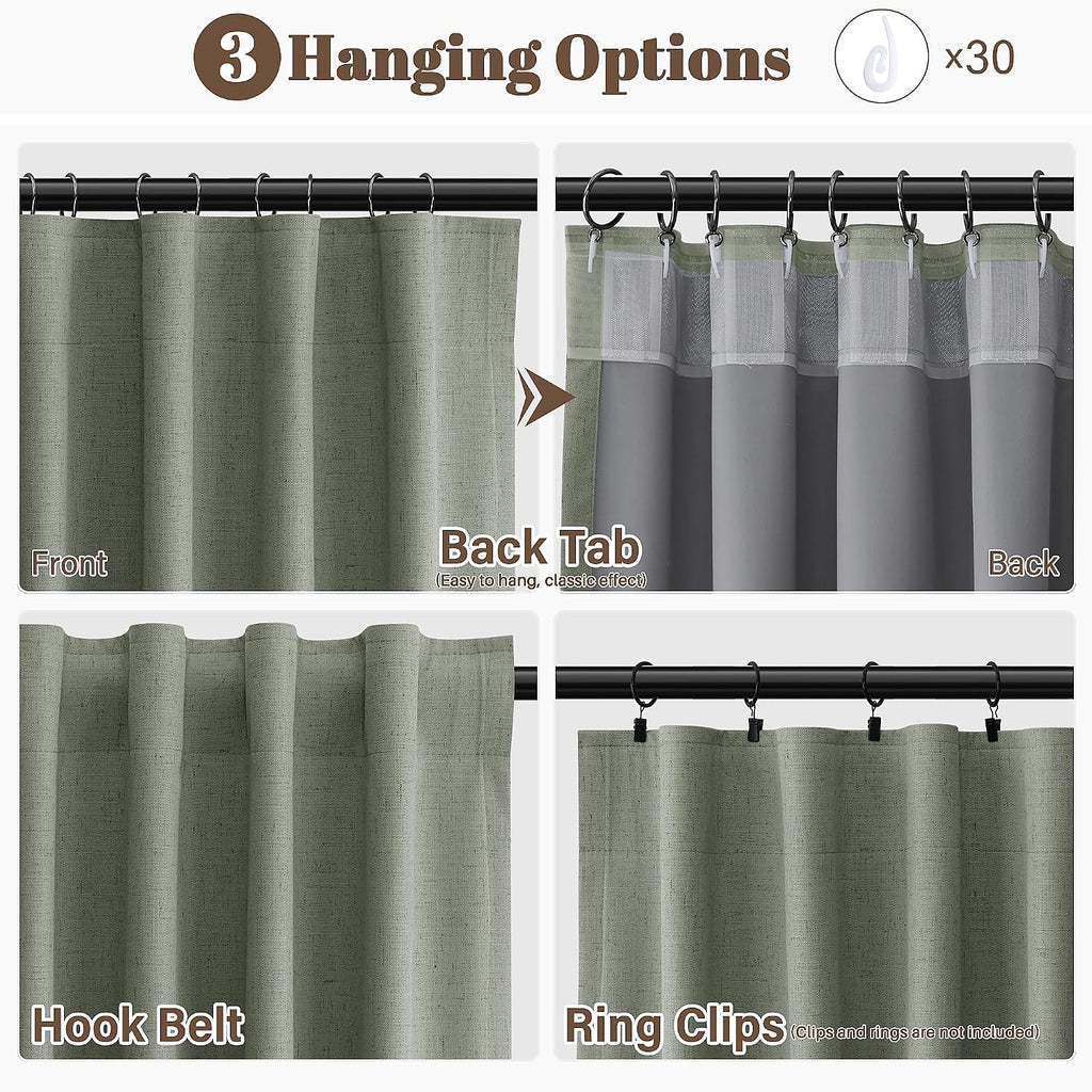 Guken Sage Green Linen 100% Blackout Curtains 90 Inches Long for Bedroom Back Tab Elegant Country Farmhouse Black Out Room Darkening Therma…