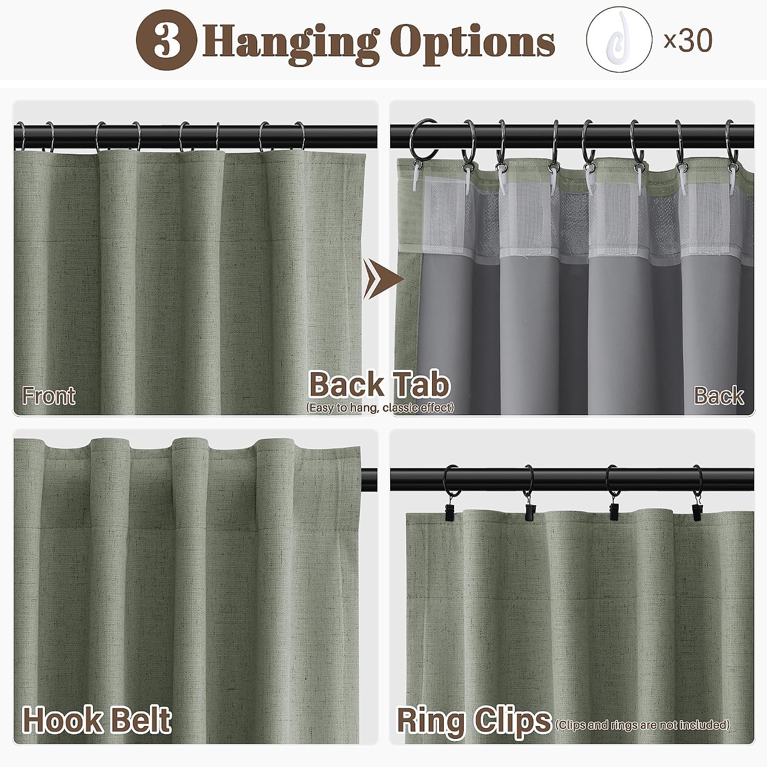 Guken Sage Green Linen 100% Blackout Curtains 90 Inches Long for Bedroom Back Tab Elegant Country Farmhouse Black Out Room Darkening Therma…