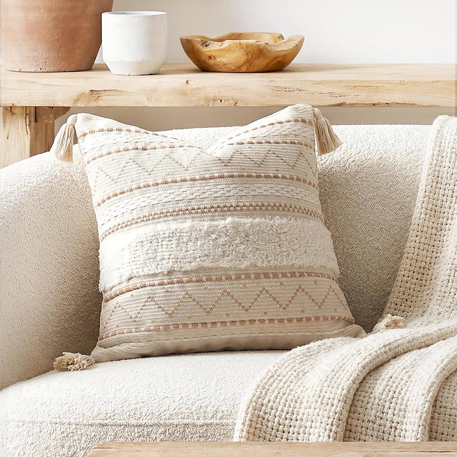 BlissBlush 20X20 Throw Pillow Cover, Cream Neutral Beige Square Decorative Cushion Cover, Boho Accent Pillowcase with Tufted Details and…