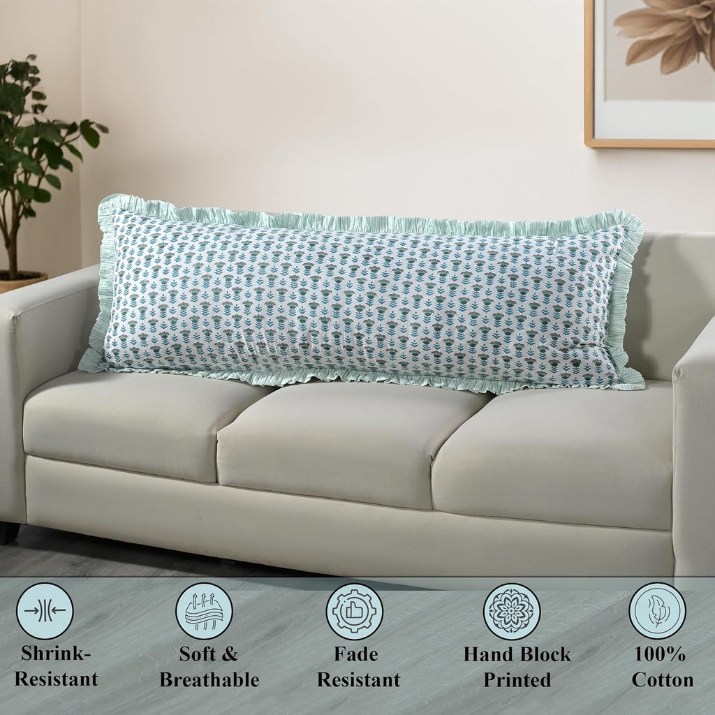 Ridhi Block Print Aquamarine Blue 54"x20" Set 1-100% Cotton Ruffle Lumbar Sham Cover Boho Floral Pillowcase, Farmhouse Cottagecore…