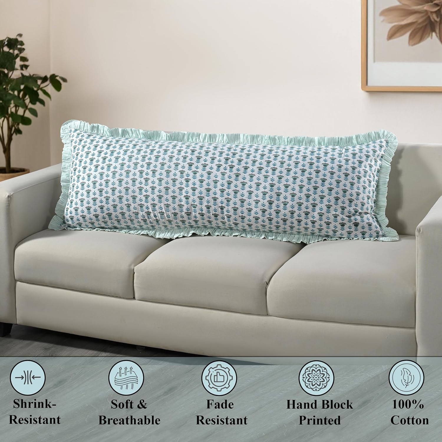 Ridhi Block Print Aquamarine Blue 54"x20" Set 1-100% Cotton Ruffle Lumbar Sham Cover Boho Floral Pillowcase, Farmhouse Cottagecore…