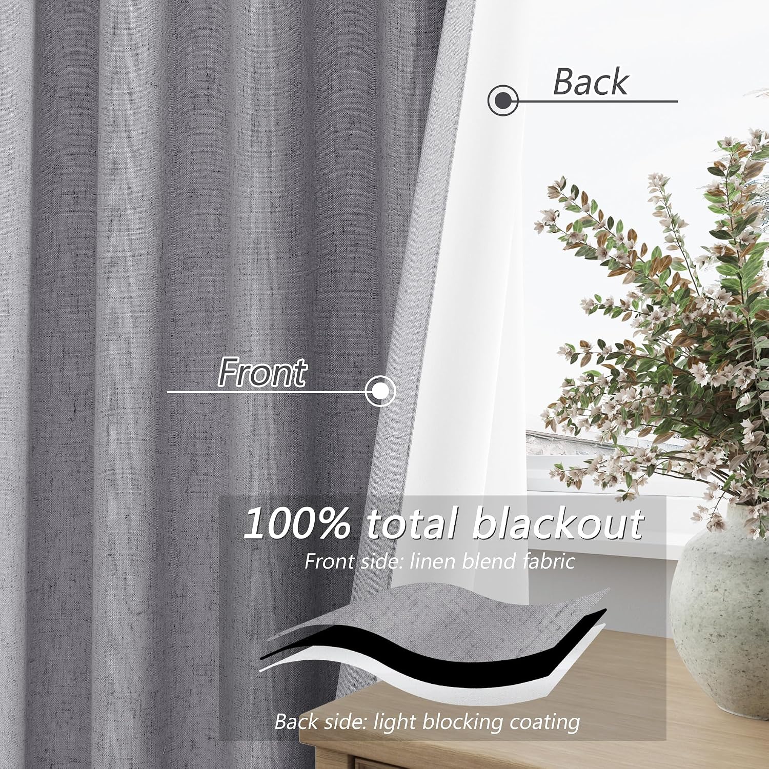 Guken Grey 100% Blackout Curtains 84 Inch Length 2 Panels Set for Living Room Bedroom Back Tab Thermal Insulated Black Out Linen Drapes Roo…
