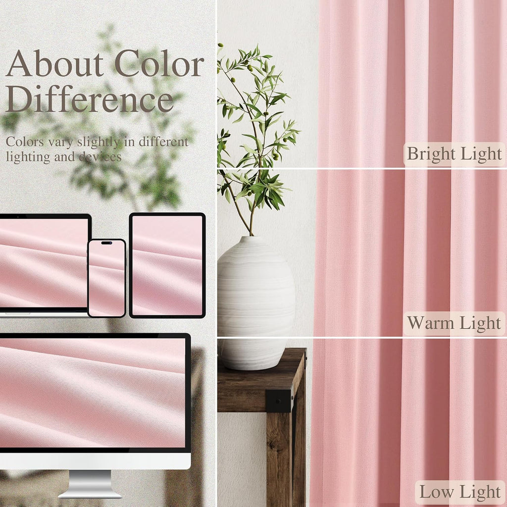Nanspring Pink 100% Blackout Linen Curtains for Bedroom 90 Inches Long Back Tab Thermal Insulated Modern Farmhouse Decor Black Out Girl Cur…