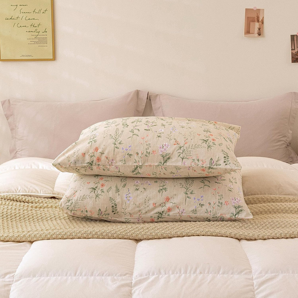 ECOCOTT Floral Pillowcases King Size Set of 2, 100% Washed Cotton Pillow Cases with Envelope Closure, Beige Botanical Wildflower Printed…