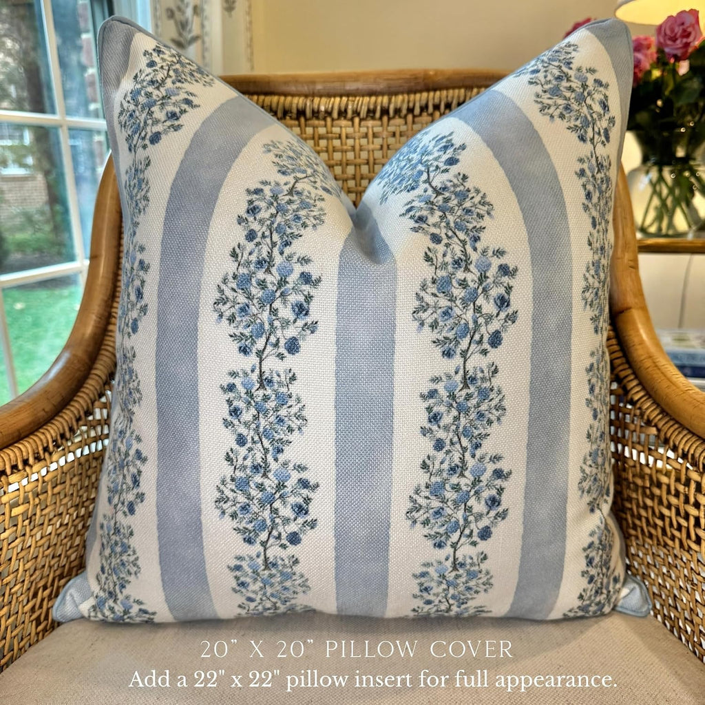 Jillien Harbor “The Juliet” Floral Block Print Pillow Cover – Soft Blue and Off-White Decorative Throw Pillow Cover – Grandmillennial…