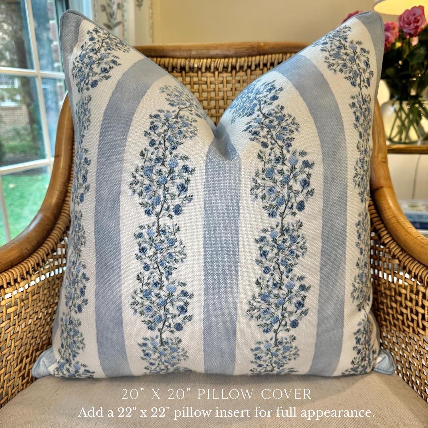 Jillien Harbor “The Juliet” Floral Block Print Pillow Cover – Soft Blue and Off-White Decorative Throw Pillow Cover – Grandmillennial…