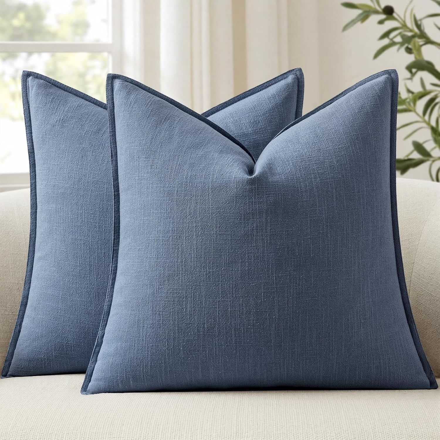 Anroduo Pack of 2 Decorative Linen Pillow Covers Blue Ashes Neutral Farmhouse Boho Soild Cushion Case Soft Accent Pillowcase for Couch Sofa…