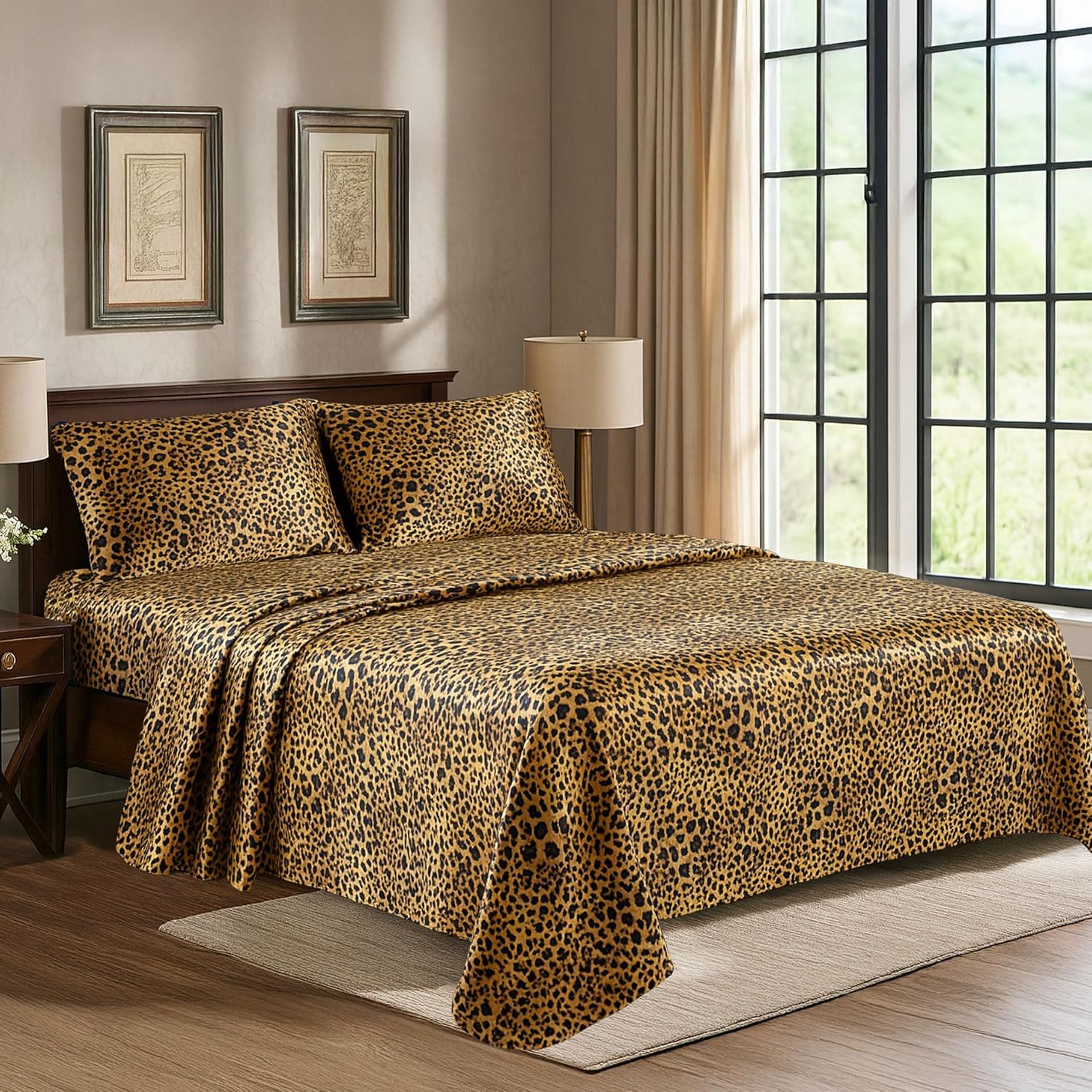 PureBedding Satin Sheets King [4-Piece, Gold Leopard] Hotel Luxury Silky Bed Sheets - Extra Soft 1800 Microfiber Sheet Set, Wrinkle, Fade,…