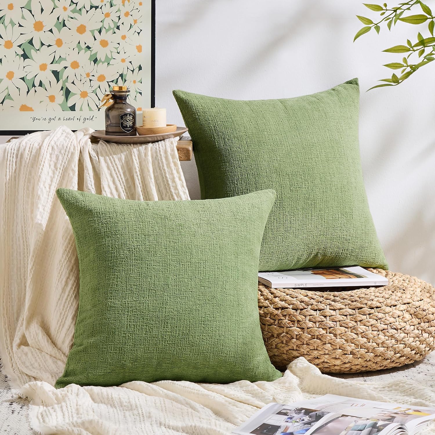 Gawamay Set of 2 Soft Textured Chenille Throw Pillow Covers 20x20 Inch (50x50 CM), Decorative Pillowcases Cushion Covers for Farmhouse Home…