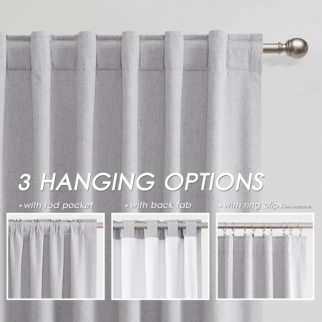 Nanspring Light Grey 100% Blackout Linen Curtains 63 Inch Length for Bedroom Back Tab Thermal Insulated Modern Luxury Simple Black Out Curt…