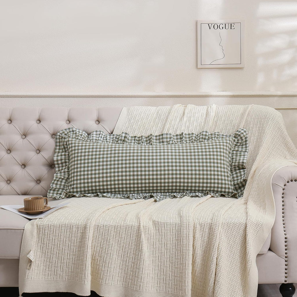 Qilunn 14x36 inches Sage Green Plaid Ruffle Lumbar Pillow Sham 1 Piece, Pure Cotton Gingham Decor Pillowcase French Country Vintage Cushion…