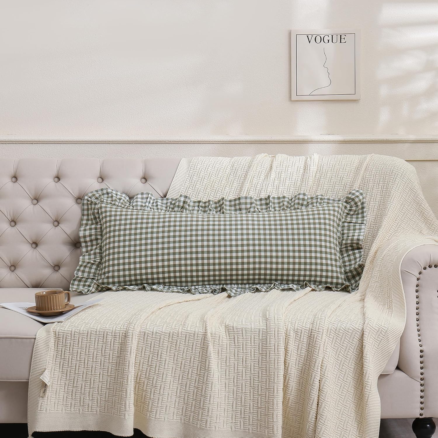 Qilunn 14x36 inches Sage Green Plaid Ruffle Lumbar Pillow Sham 1 Piece, Pure Cotton Gingham Decor Pillowcase French Country Vintage Cushion…