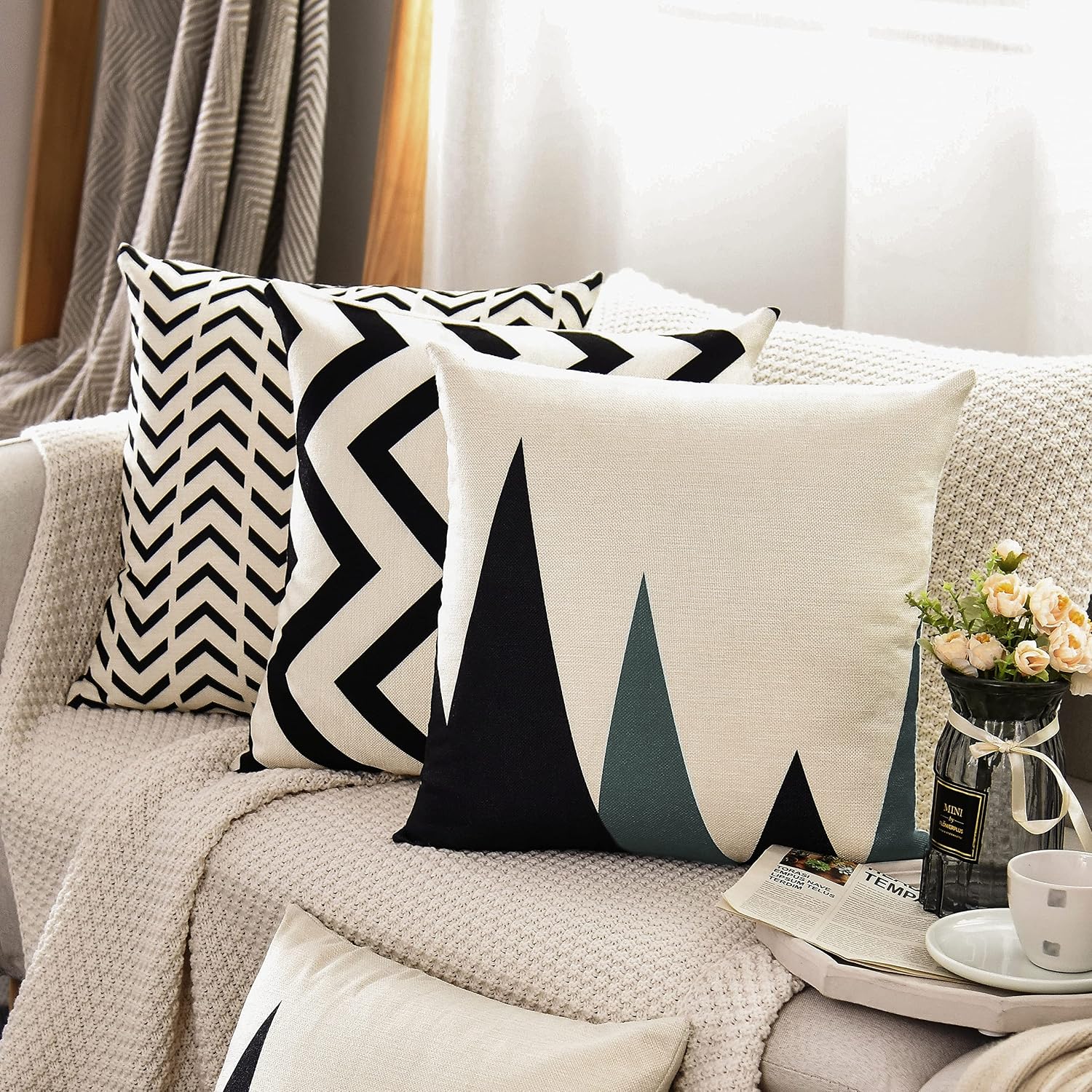 Tosewever Set of 4 Decorative Geometric 18 x 18 Inches Throw Pillow Covers - Modern Pattern Linen Square Pillow Cushion Case for Sofa Couch…