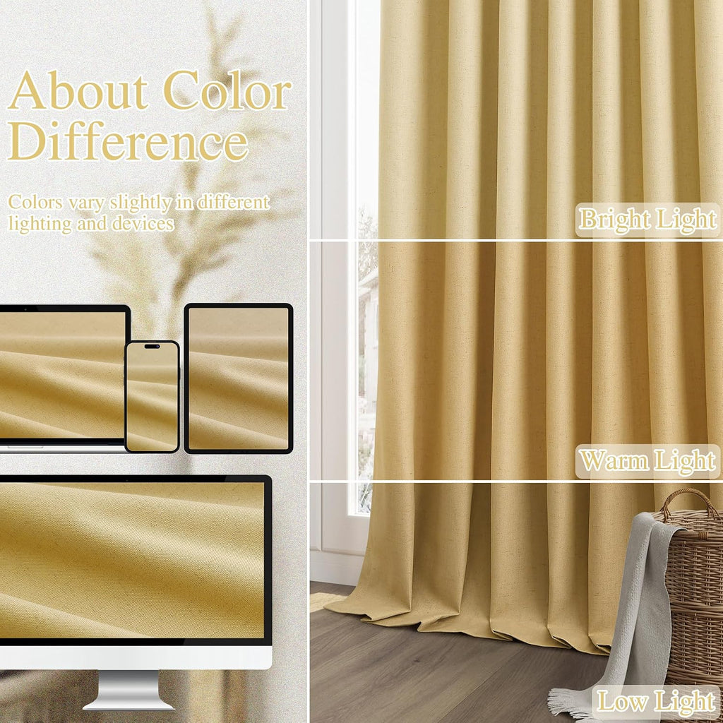 Guken 100% Blackout Curtains 90 Inch Length 2 Panels Set for Living Room Bedroom Back Tab Thermal Insulated Black Out Linen Drapes Room Dar…