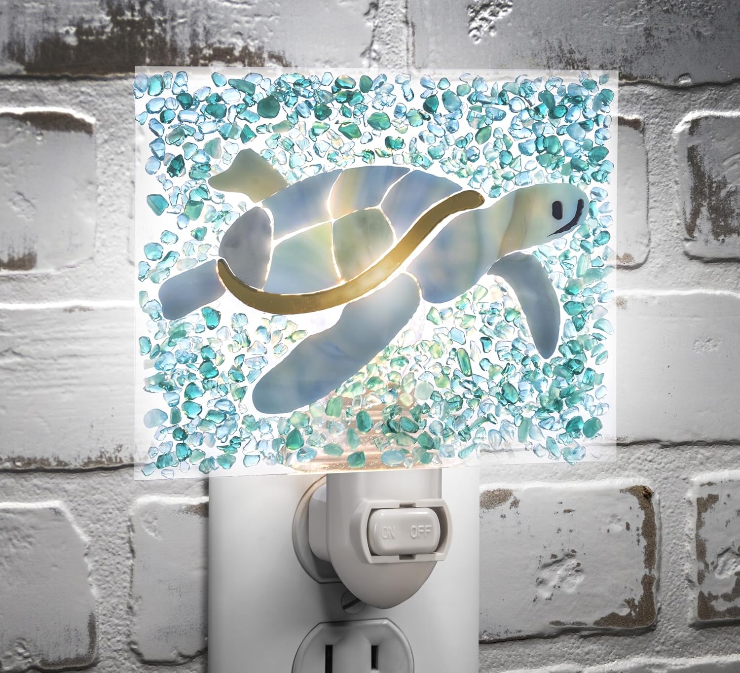 J Devlin Glass Art Sea Turtle Night Light – Handcrafted Fused Stained Glass Coastal Plug in Lamp for Bathroom, Nursery, Beach House Decor