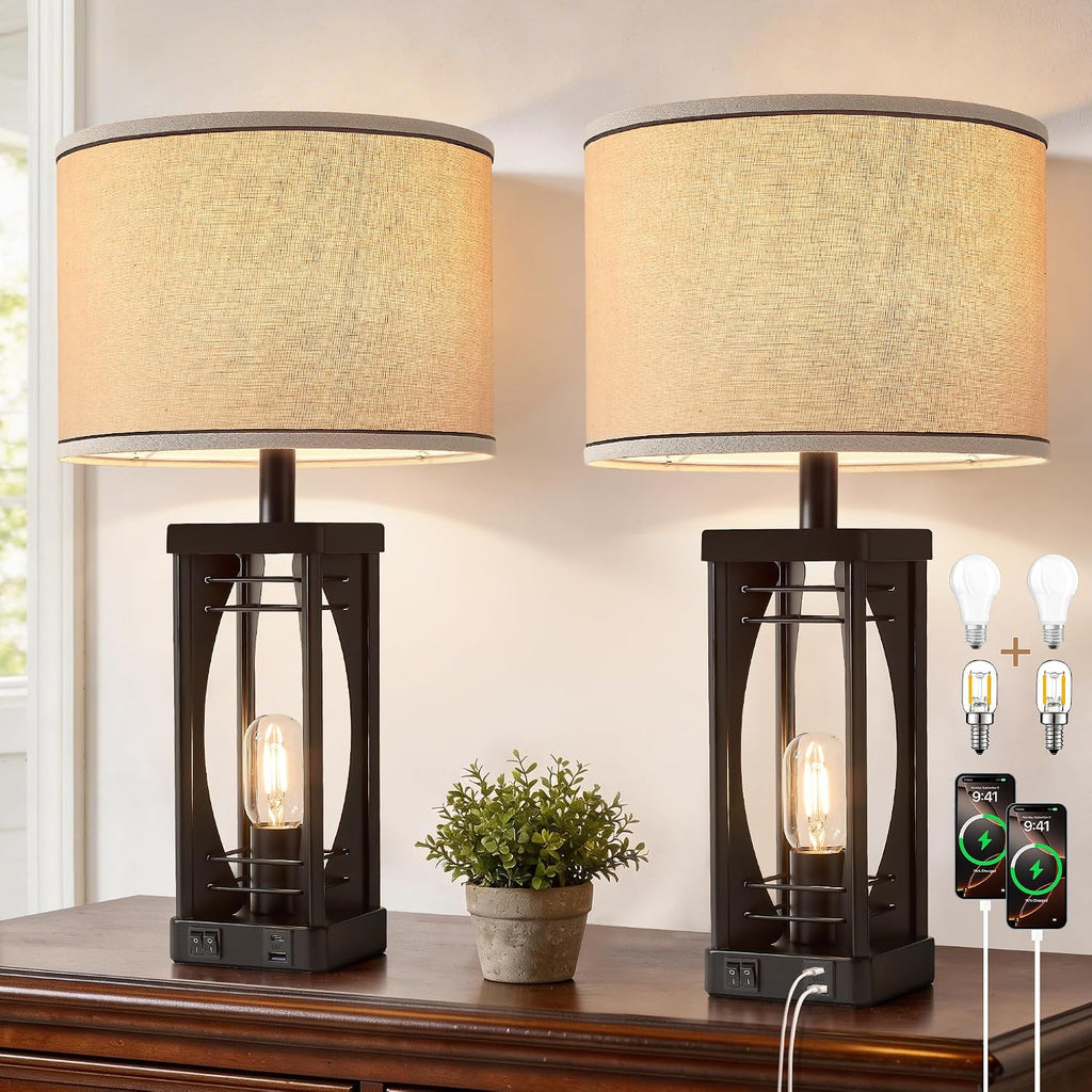 SRJJA Farmhouse Table Lamps Set of 2 for Living Room, Rustic Nightstand Lamps with USB A+C Charging Ports, 22.5" Dual Light Industrial…