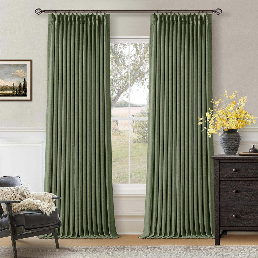 Twodrapes Loden 105 Inch Long Blackout Curtains Olive Green Thick Linen Pinch Pleated Curtains 2 Panels for Bedroom Living Room Darkening L…