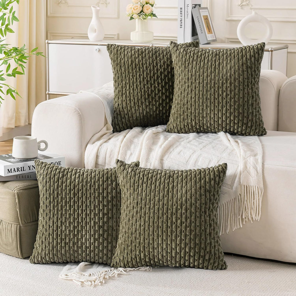 Cozoomy Set of 4 Olive Green Decorative Throw Pillow Covers 18x18 Inch Corduroy Pillow Covers for Bed Couch Sofa Living Room Soft Square Cu…