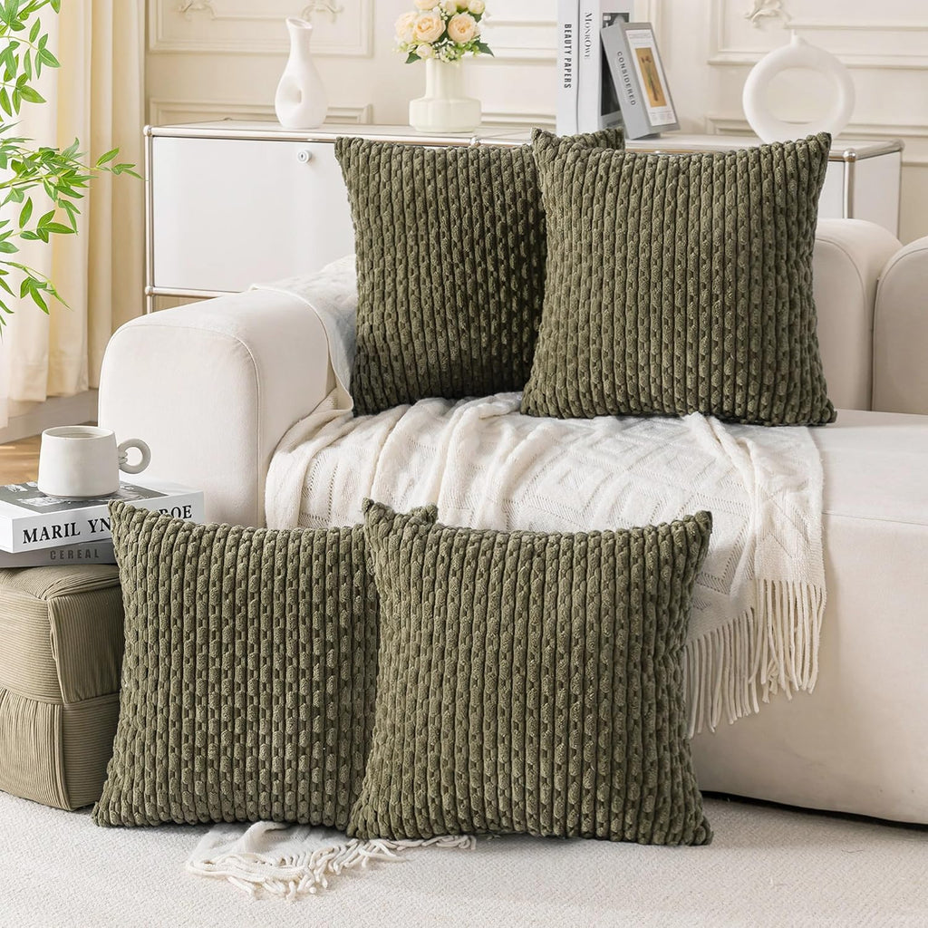 Cozoomy Set of 4 Olive Green Decorative Throw Pillow Covers 24x24 Inch Corduroy Pillow Covers for Bed Couch Sofa Living Room Soft Square Cu…