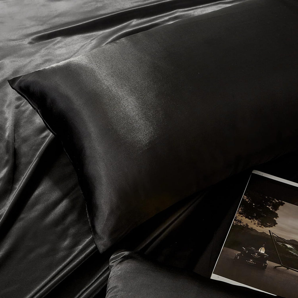 HommxJF Black Satin Pillowcase Standard Set of 2 with Envelope Closure, Black Silk Pillowcase for Hair and Skin (20x26) Black
