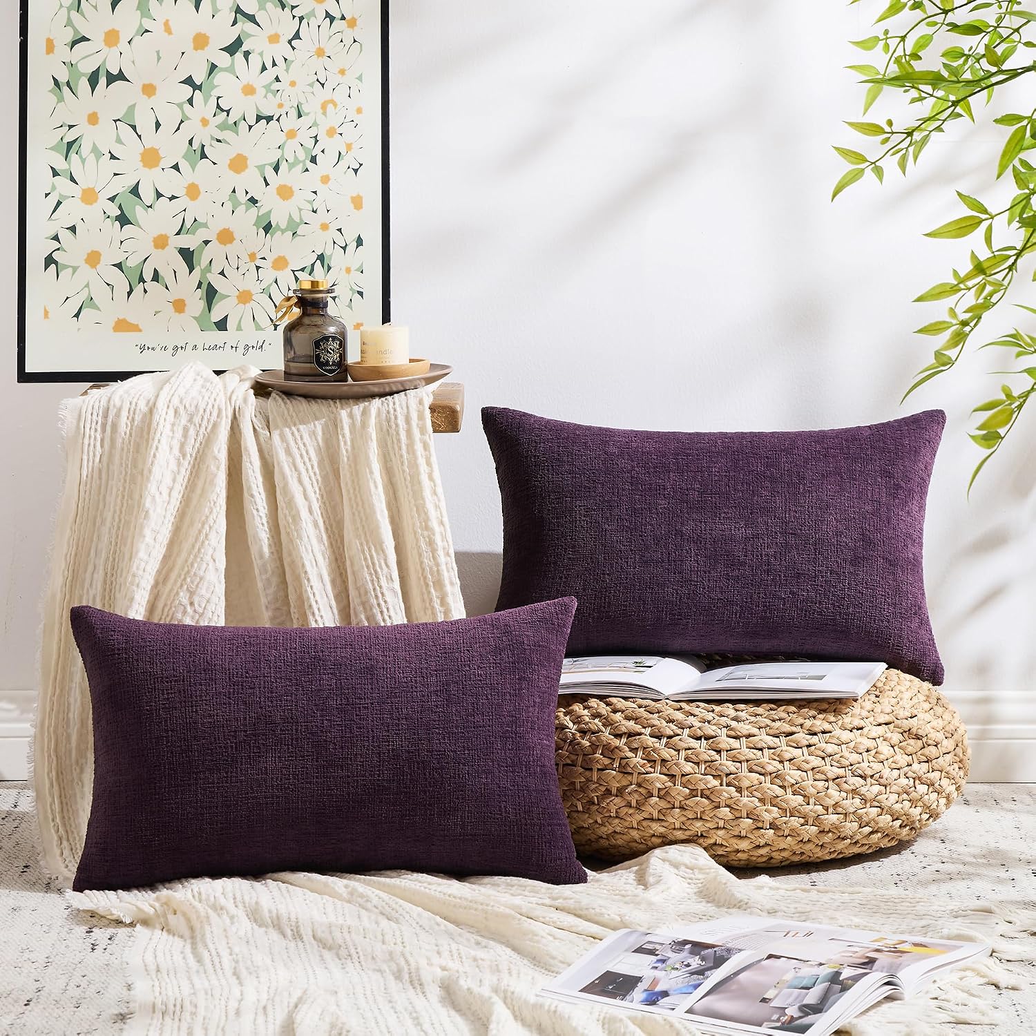 Gawamay Set of 2 Decorative Lumbar Soft Chenille Throw Pillow Covers 12x20 Inch (30x50 CM), Boho Farmhouse Cushion Cases, Couch Pillow Cove…