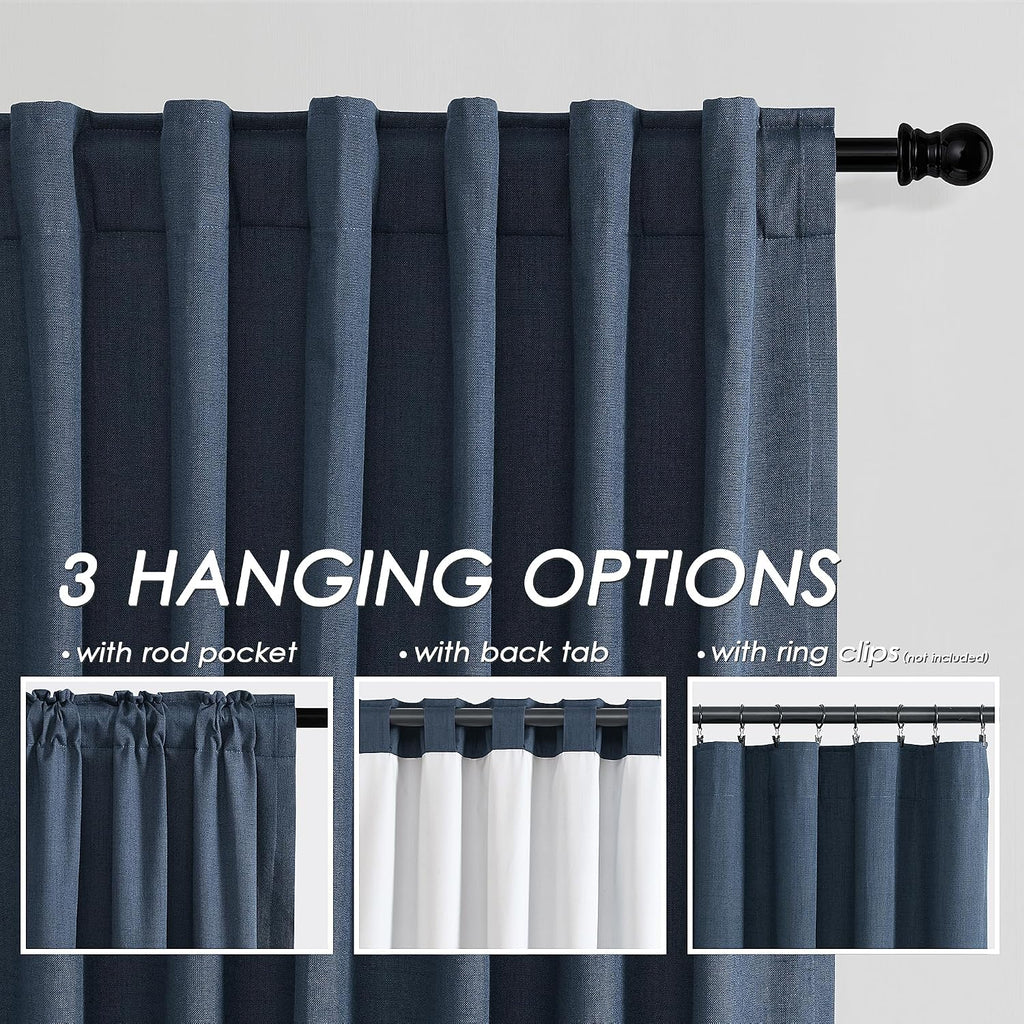 Nanspring Vintage Blue 100% Blackout Linen Curtains for Bedroom 90 Inches Long Back Tab Thermal Insulated Vintage Farmhouse Decor Black Out…