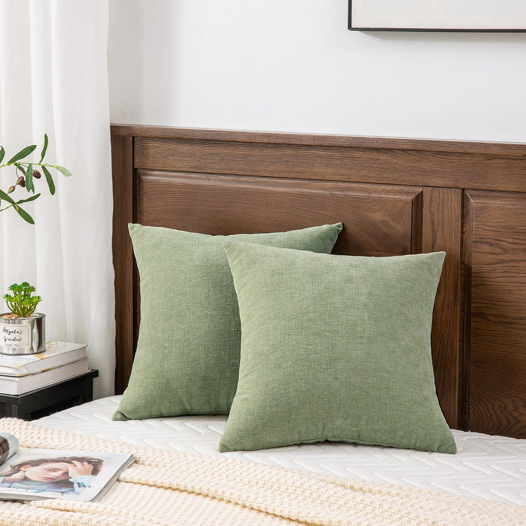 Gawamay Decorative Square Sage Green Throw Pillow Covers 18"x18" Inch Set of 2, Super Soft Chenille Pillows Farmhouse Fall Pillowcase for L…