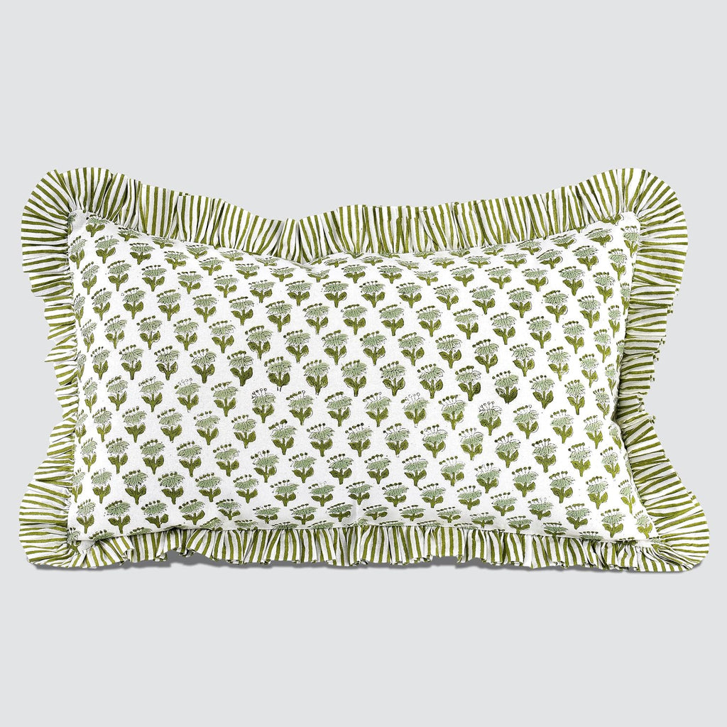 Cottonprintclub CPC Hand Block Print Emerald Green Ruffle Sham Pillow Cover 20" x 12" inch Hidden Zipper Decorative Pillowcase for Couch, B…