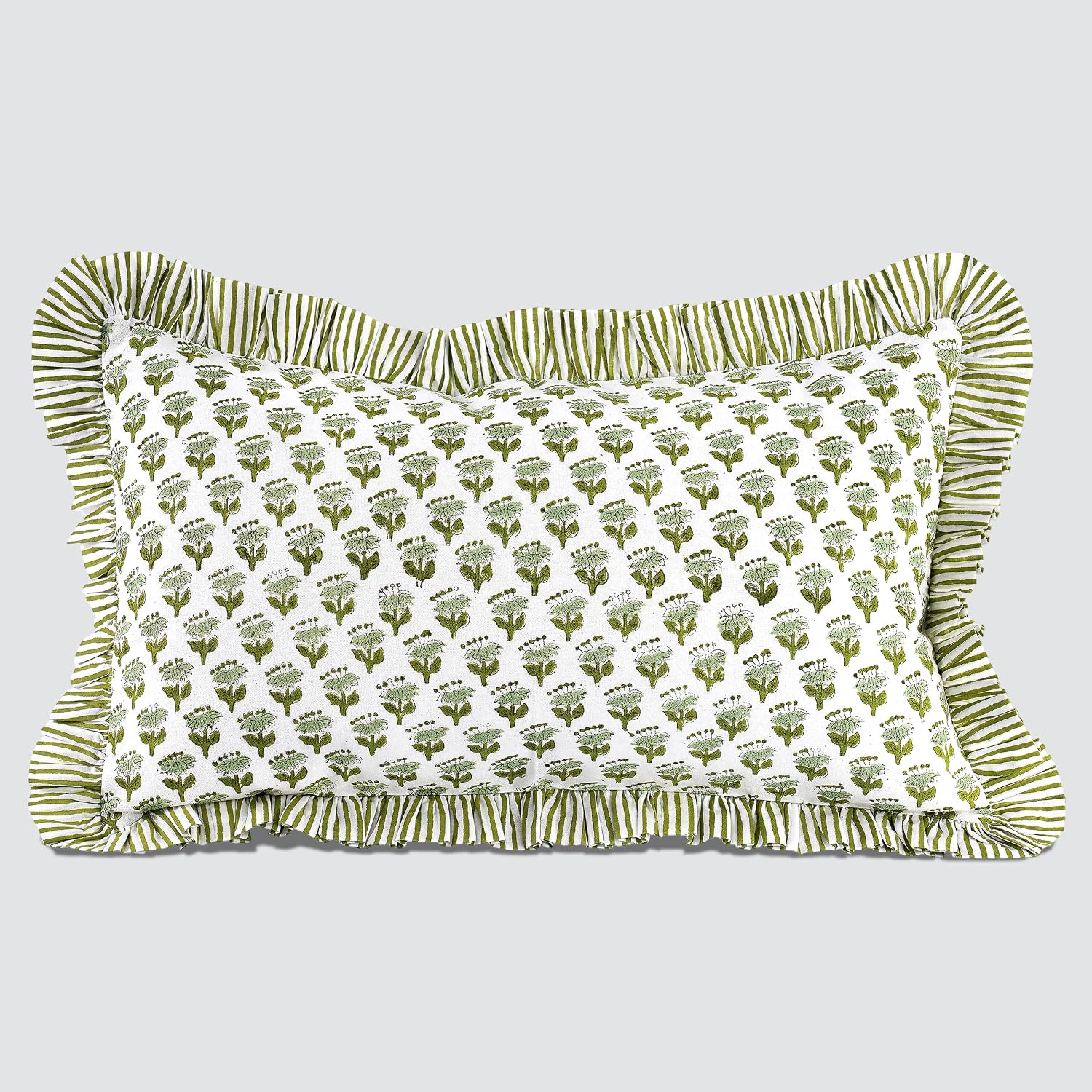 Cottonprintclub CPC Hand Block Print Emerald Green Ruffle Sham Pillow Cover 20" x 12" inch Hidden Zipper Decorative Pillowcase for Couch, B…