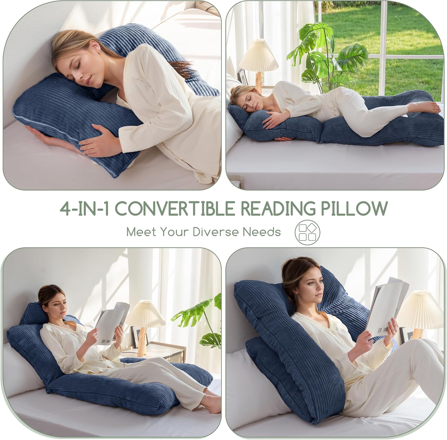Higogogo Reading Pillow, Back Pillow for Sitting in Bed and Couch, Gaming Pillow for Adults, Sit Up Support for Bed, Bluestone