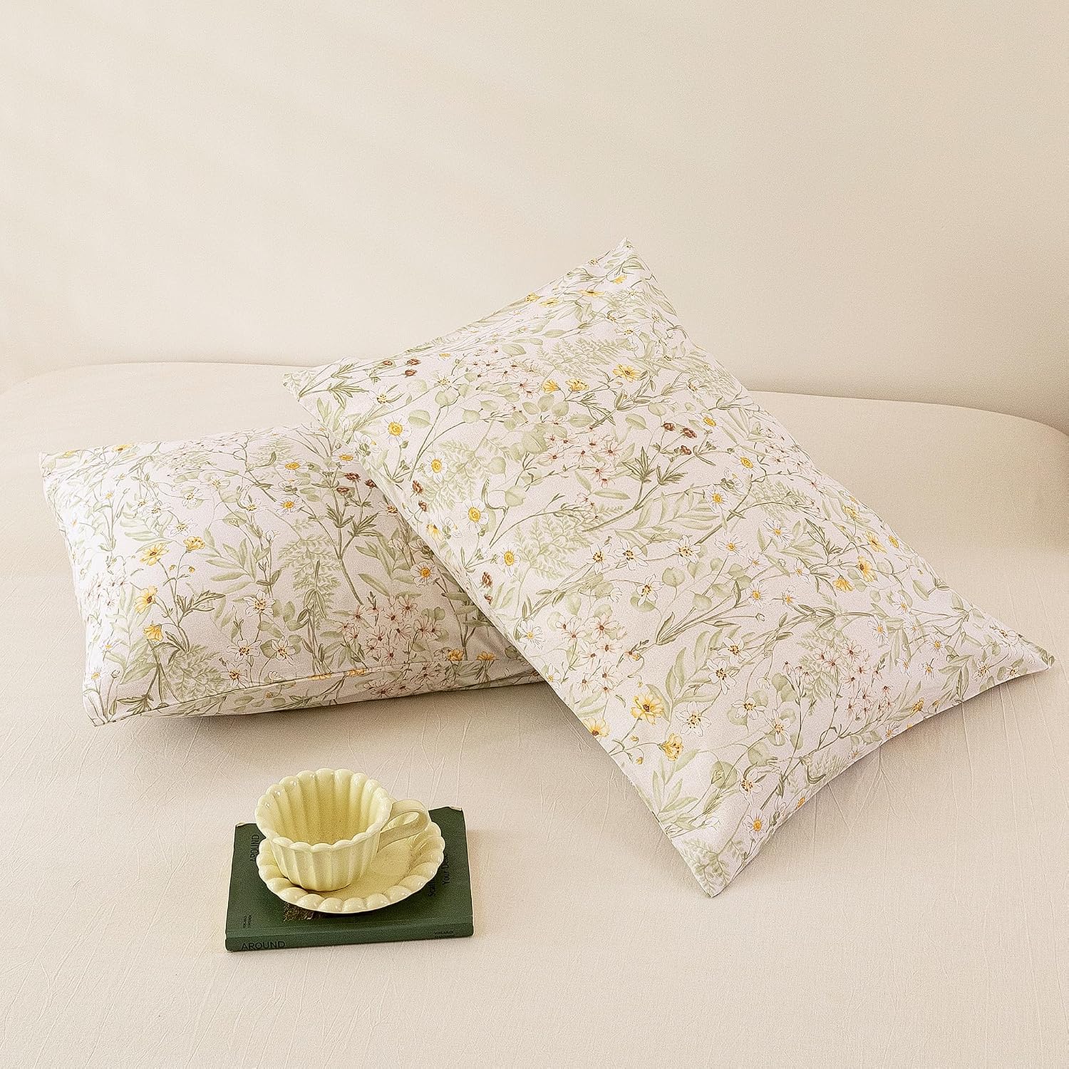 ECOCOTT Floral Pillowcases Standard Size 2 Pack, 100% Washed Cotton Pillow Cases with Envelope Closure, Green Botanical Wildflower…