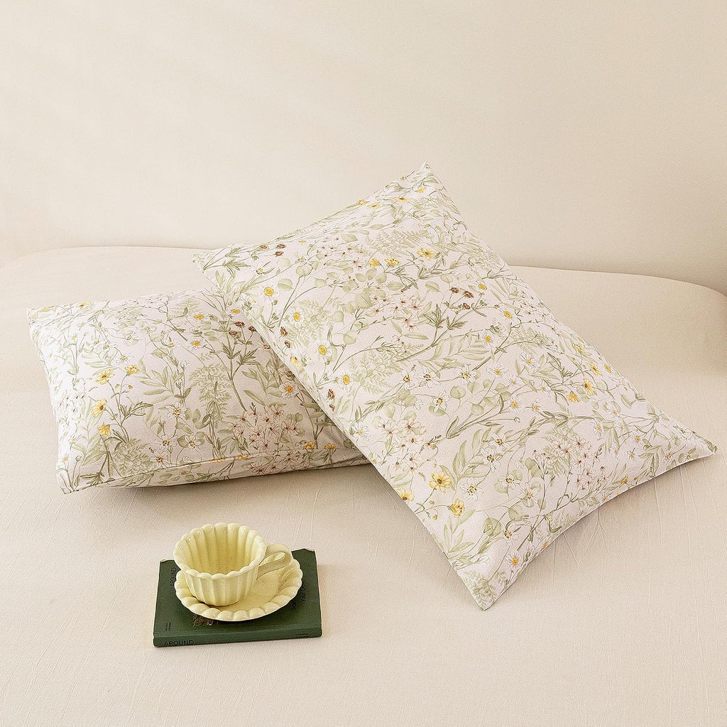 ECOCOTT Floral Pillowcases Queen Size 2 Pack, 100% Washed Cotton Pillow Cases with Envelope Closure, Green Botanical Wildflower Printed…