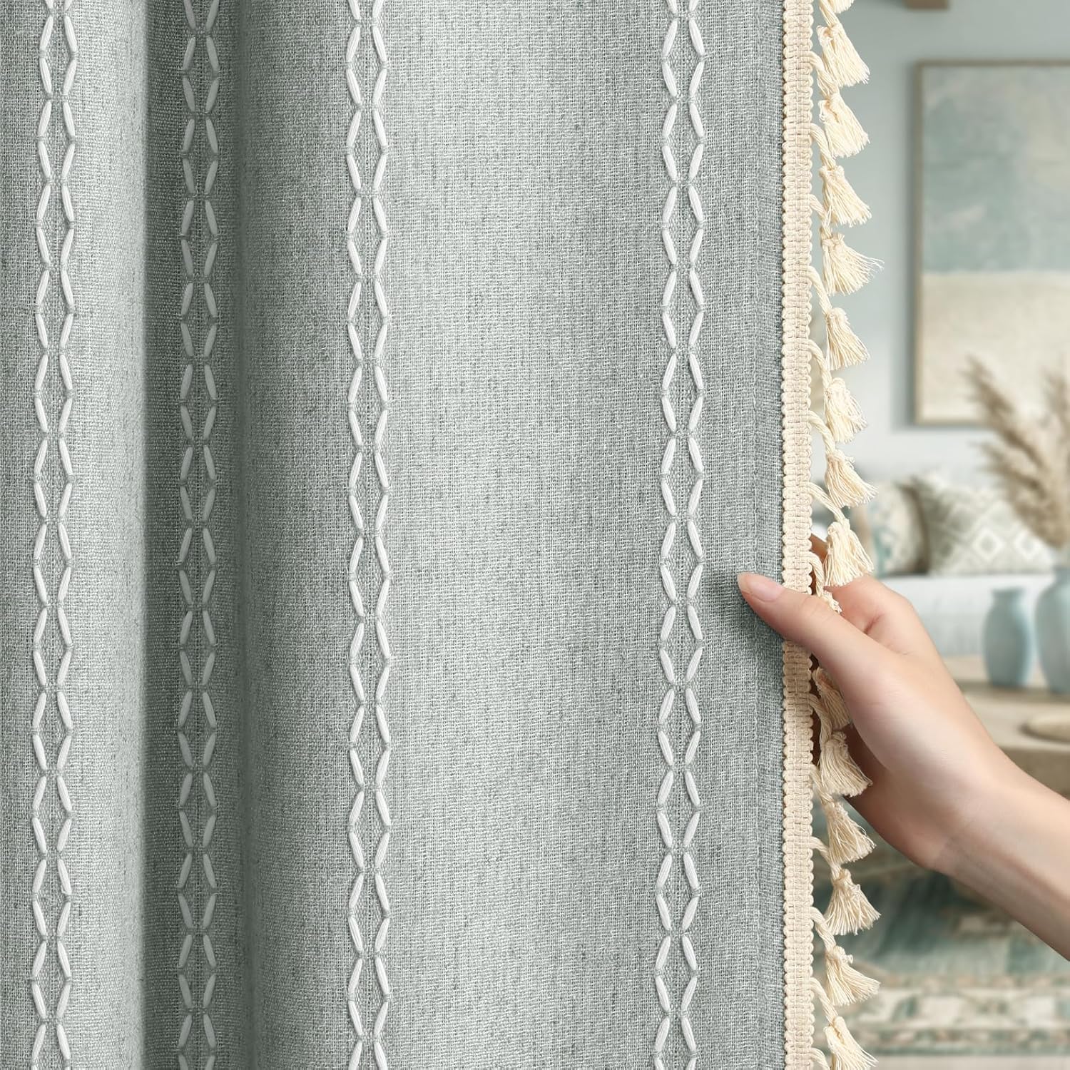XOGUIBO Teal Boho Blackout Curtains 72 Inches Long Light Green Linen Blend 2 Panels with Tassels and Cotton Embroidery, Farmhouse Vi…