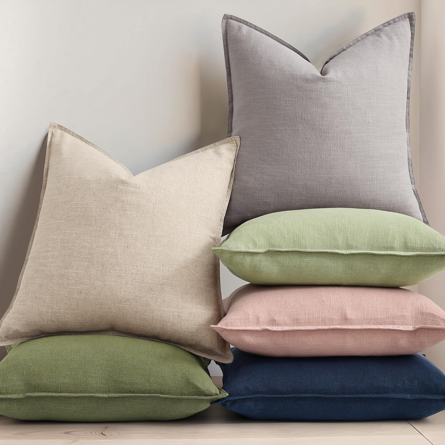 decorUhome Summer Decorative Linen Throw Pillow Covers 12x20 Inch Set of 2 Sage Green Lumbar Pillow Covers with Flange Edges Soft Farmhouse…