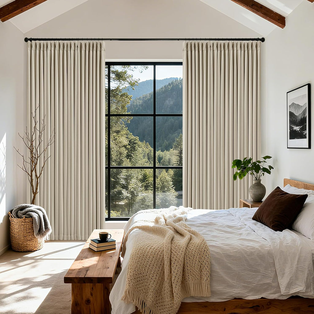 Twodrapes Extra Wide Oatmeal Beige Blackout Sliding Glass Door Curtains 108 Inches Long Memory Trained Pinch Pleated Linen Double Layer Bla…