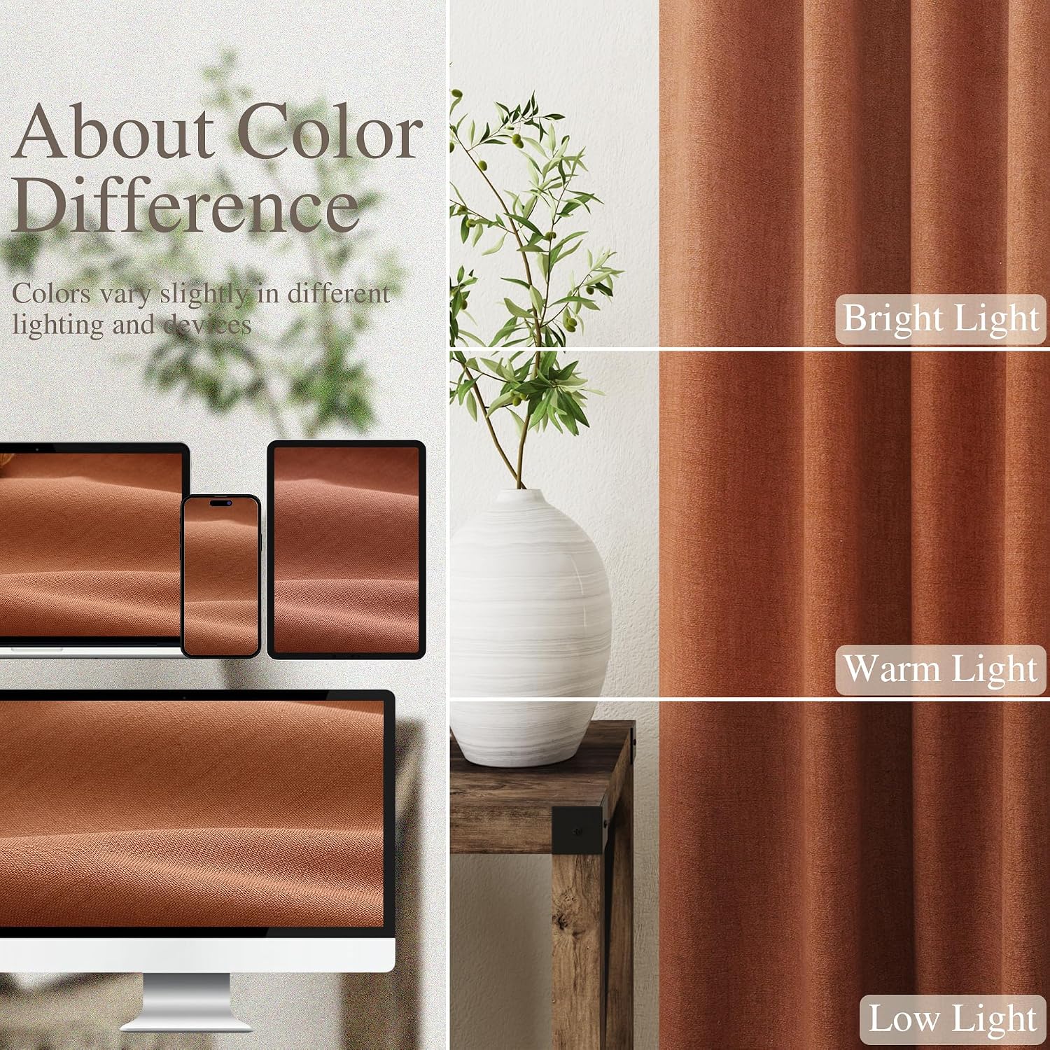 Nanspring Terracotta 100% Blackout Linen Curtains for Bedroom 90 Inches Long Back Tab Thermal Insulated Boho Farmhouse Decor Black Out Curt…
