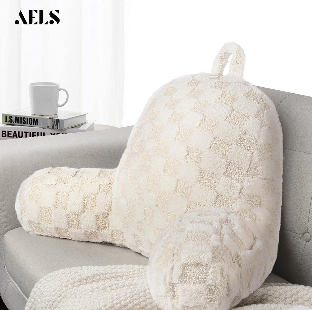 Aels Large Reading Pillow Replacement Cover with Arms and Pockets (Cover ONLY), 18" Soft Faux Fur Checkered Backrest Pillow Cover Fits Stan…