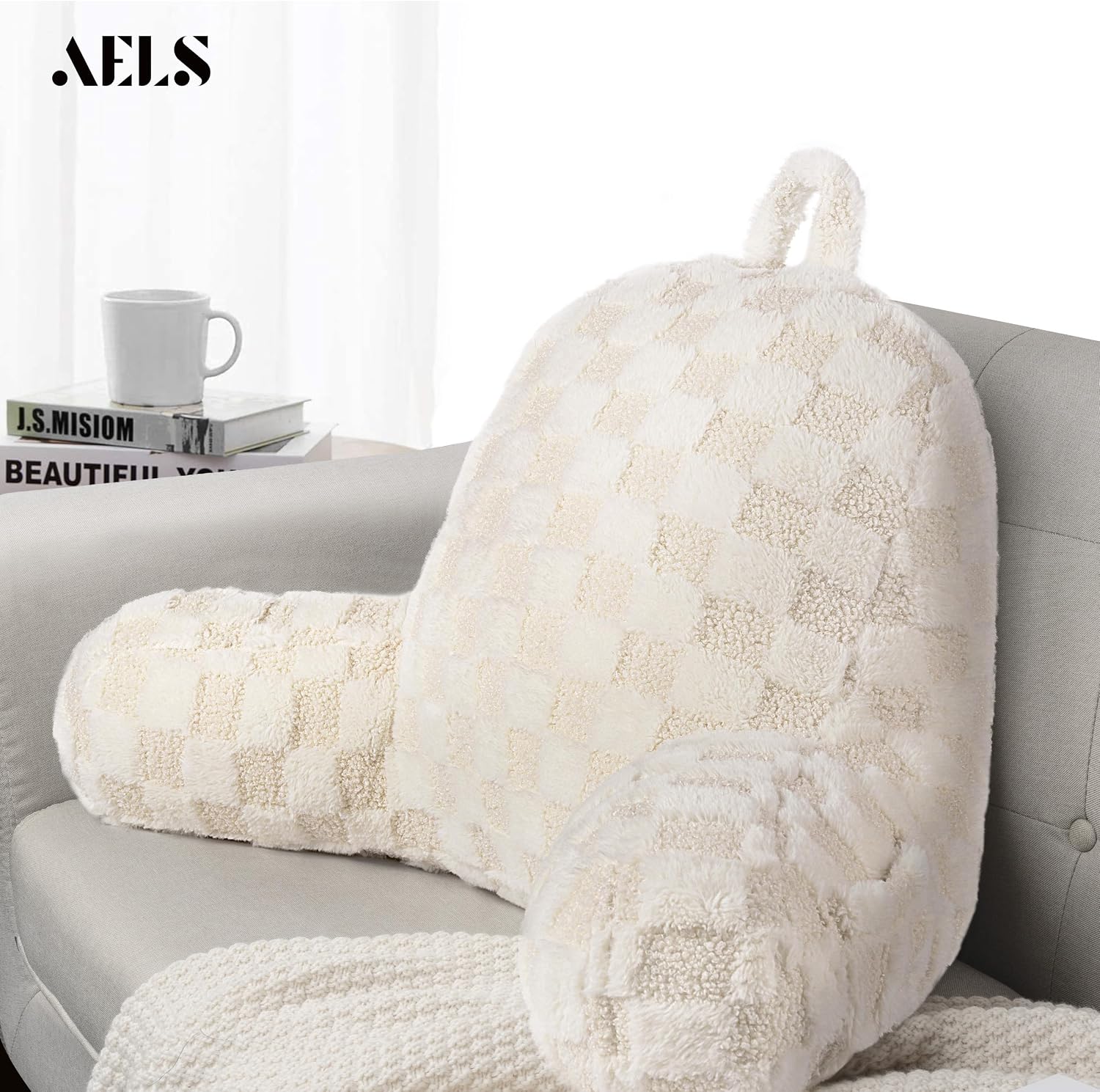 Aels Large Reading Pillow Replacement Cover with Arms and Pockets (Cover ONLY), 18" Soft Faux Fur Checkered Backrest Pillow Cover Fits Stan…