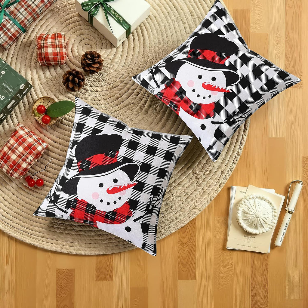 decorUhome Summer Black and White Snowman Linen Decorative Throw Pillow Covers 12x20 Set of 2 Lumbar Buffalo Plaid Check Farmhouse Gingham…