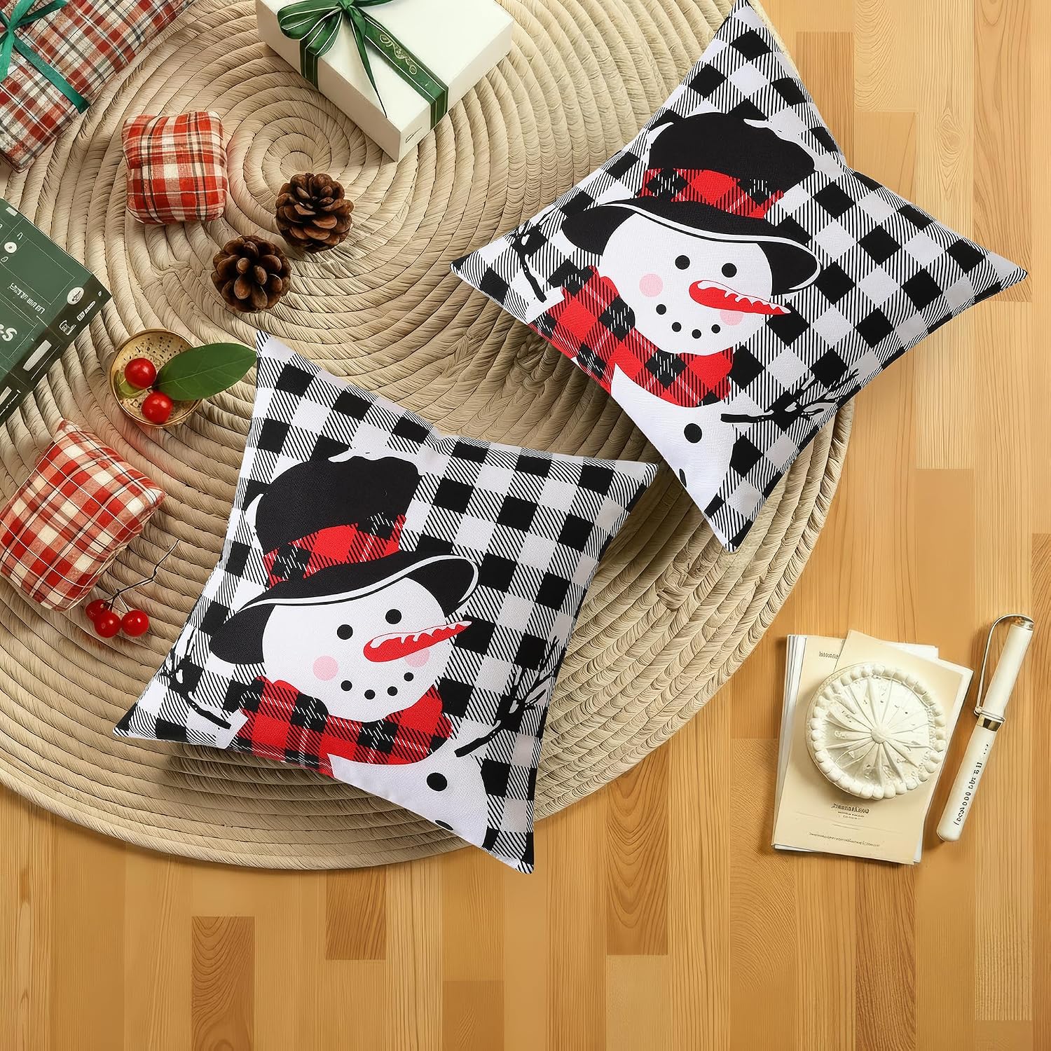 decorUhome Summer Black and White Snowman Linen Decorative Throw Pillow Covers 16x16 Set of 2 Buffalo Plaid Check Farmhouse Gingham Cushion…